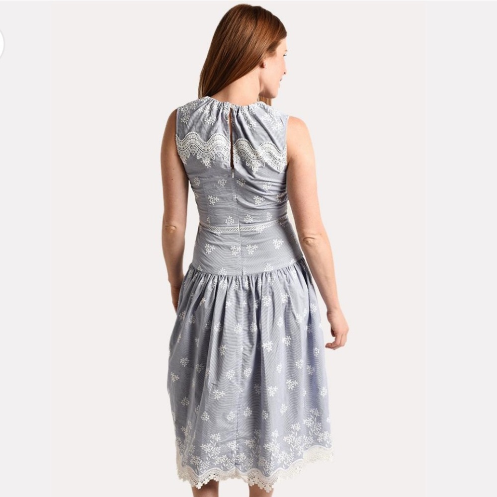 Monique Lhuillier Blue Sleeveless Embroidered Lace Poplin Midi Dress Size 14 - Picture 5 of 16